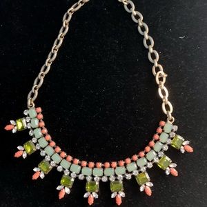 J Crew Statement Necklace Coral Green Rhinestone Cabochon Gold tone
